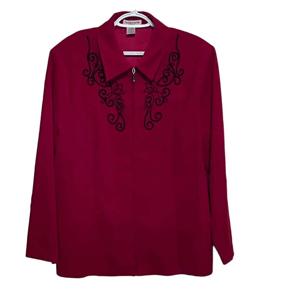Notations Woman Red Zipper Felt Jacket Black Embroidered Design Size‎ 2X